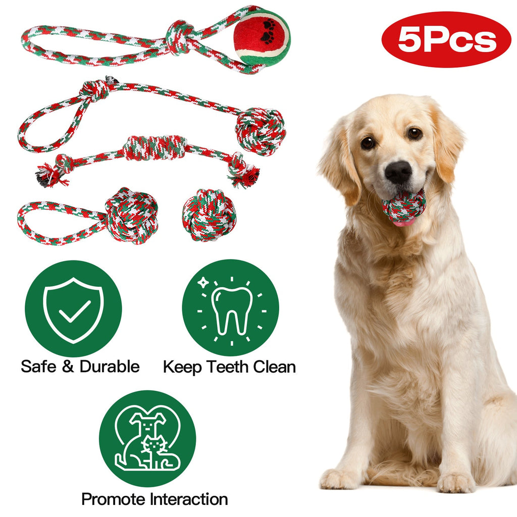 Set Of 5Pcs Christmas Dog Rope Chew Toys Dog Interactive Toys Set For
