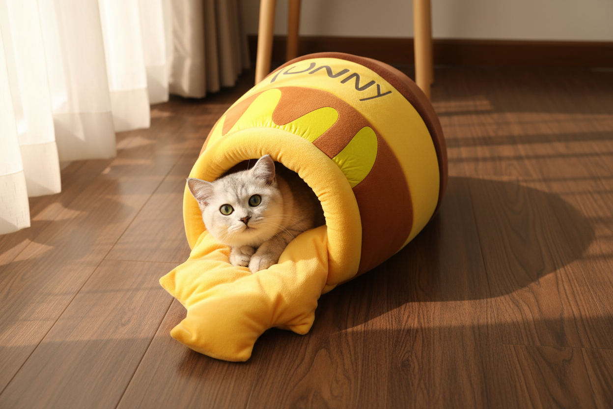 Honey jar theme cat bed on dark walnut floor with warm golden sunlight